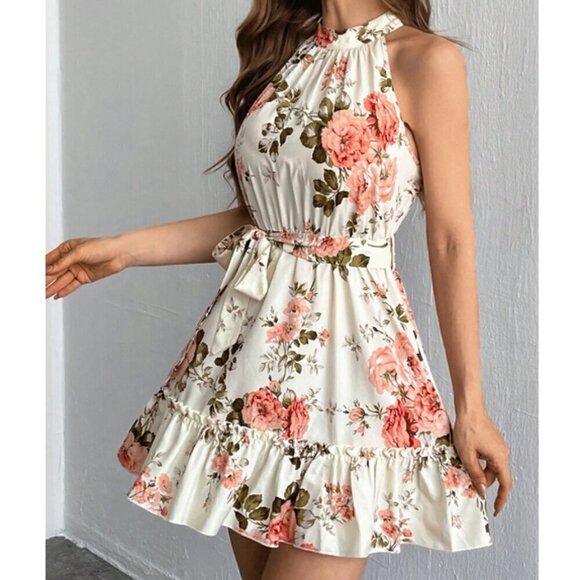 Boho Women's Floral Printed A-Line Halter Neck Mini Dress Vacay Beachy - Picture 2 of 5